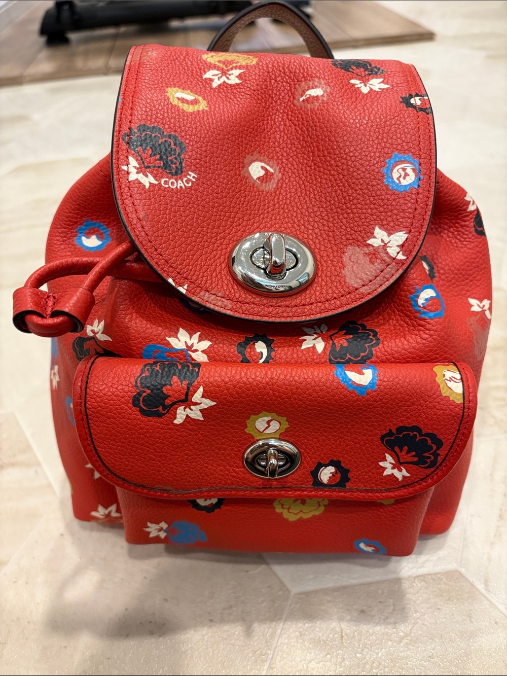 Coach Red Floral Pebbled Leather Mini Backpack